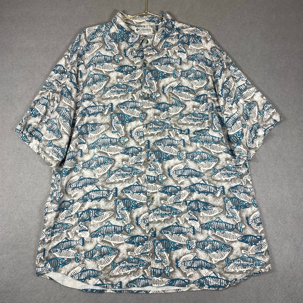 Columbia Fish Print Casual Linen Shirt Men’s 2X Gray Short Sleeve Button Up